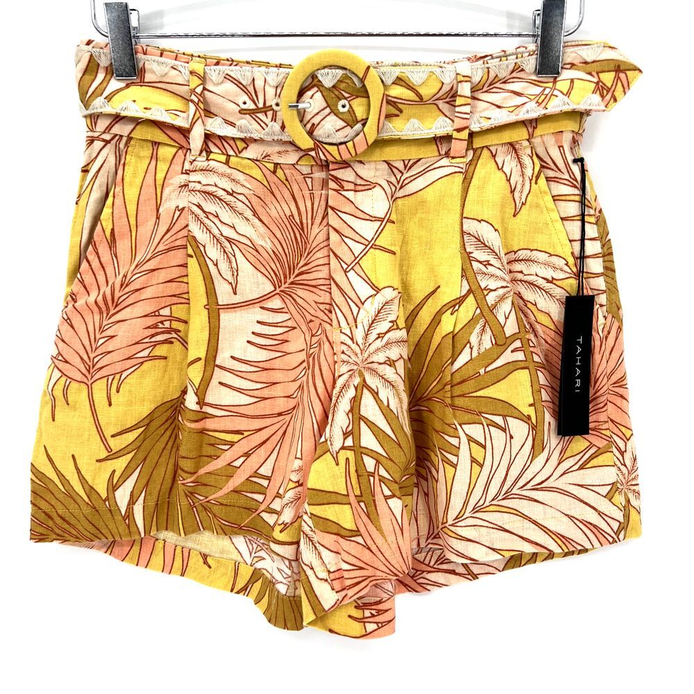 Tahari European Flax 100% Linen Shorts Size 4 Belted Yellow Tropical Floral